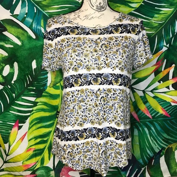 Lucky Brand Women's Small Blue Yellow White Spring Summer Floral T Shirt - Picture 1 of 8